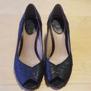 Frye Woven Peep Toe Black Heel